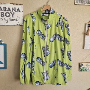 Women's Lime Green Pineapple-Print Zip Jacket XL Resortwear
